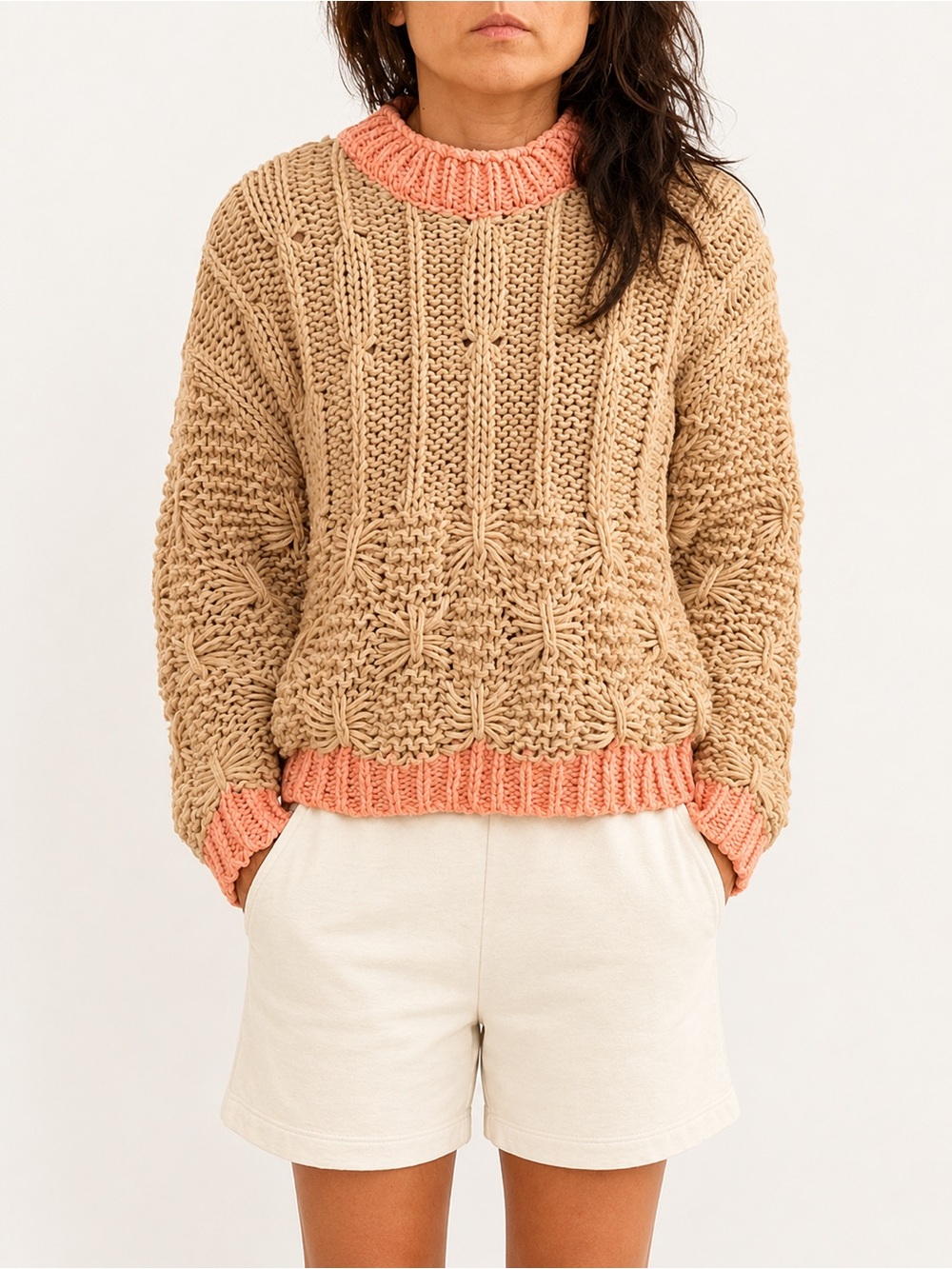 Talula Khaki Chunky Knit Sweater with Pink Trim Women’s Size S/M